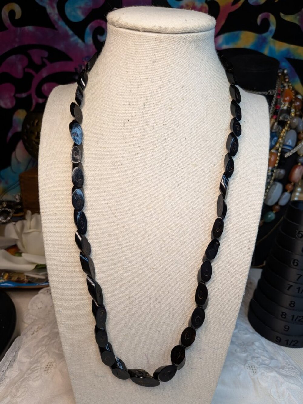 1960s Black Coral Strand – 23" Hand‑Cut Organic Beads